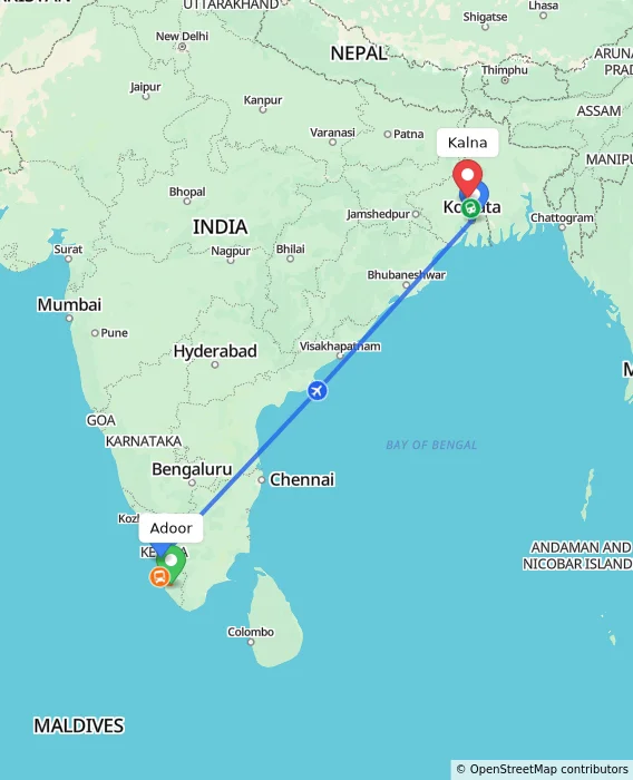 Route map showing distance and travel time from Adoor, India to Kalna, India