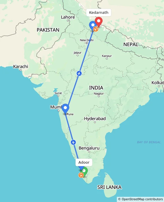Route map showing distance and travel time from Adoor, India to Kedarnath, India