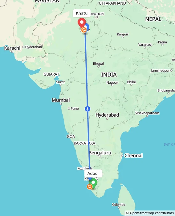 Route map showing distance and travel time from Adoor, India to Khatu, India
