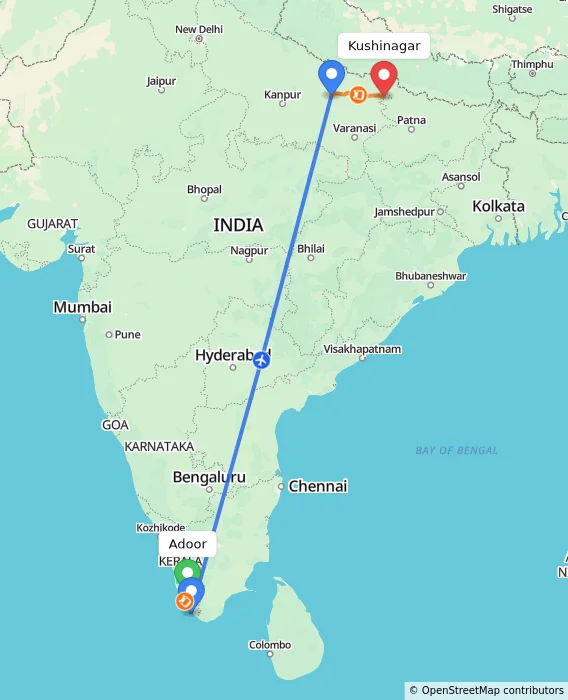 Route map showing distance and travel time from Adoor, India to Kushinagar, India