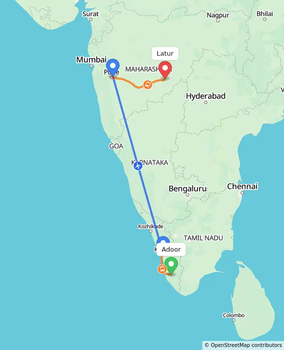 Route map showing distance and travel time from Adoor, India to Latur, India