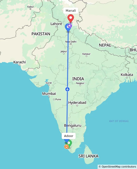 Route map showing distance and travel time from Adoor, India to Manali, India