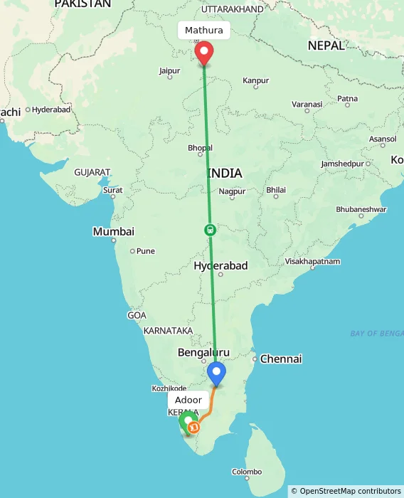 Route map showing distance and travel time from Adoor, India to Mathura, India