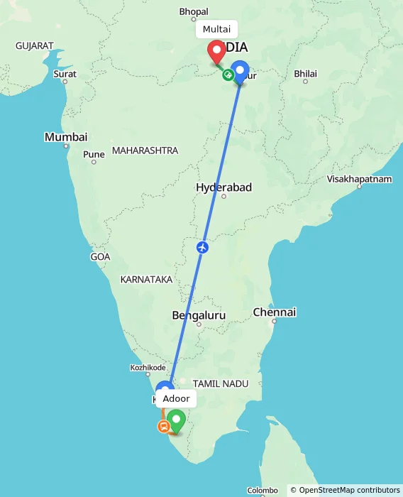 Route map showing distance and travel time from Adoor, India to Multai, India