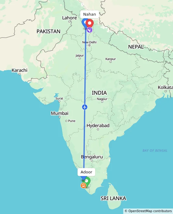 Route map showing distance and travel time from Adoor, India to Nahan, India