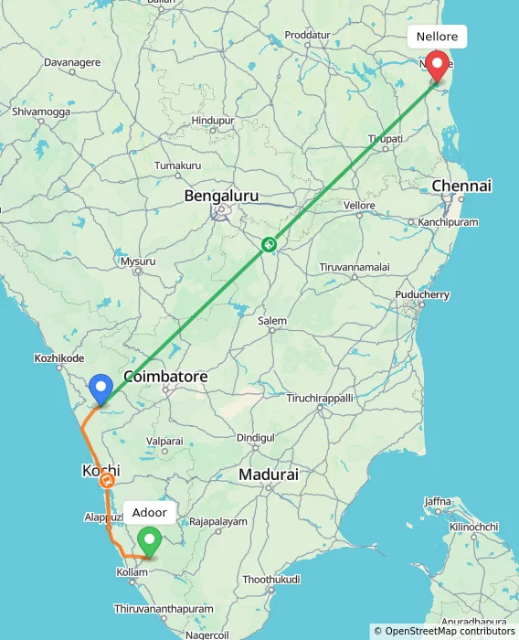 Route map showing distance and travel time from Adoor, India to Nellore, India