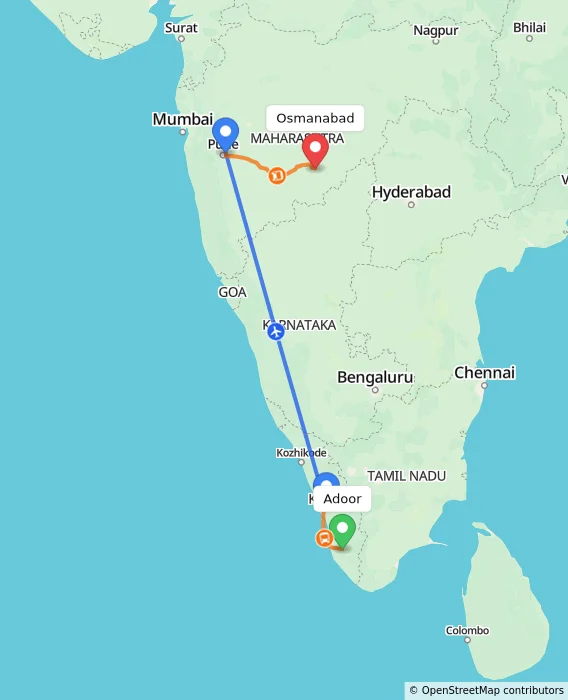 Route map showing distance and travel time from Adoor, India to Osmanabad, India