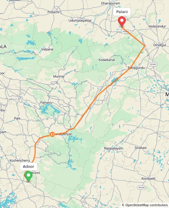 Route map showing distance and travel time from Adoor, India to Palani, India