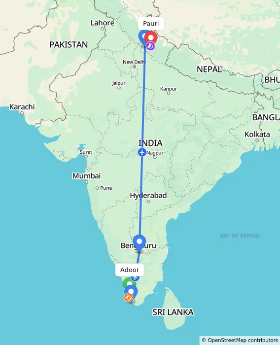 Route map showing distance and travel time from Adoor, India to Pauri, India