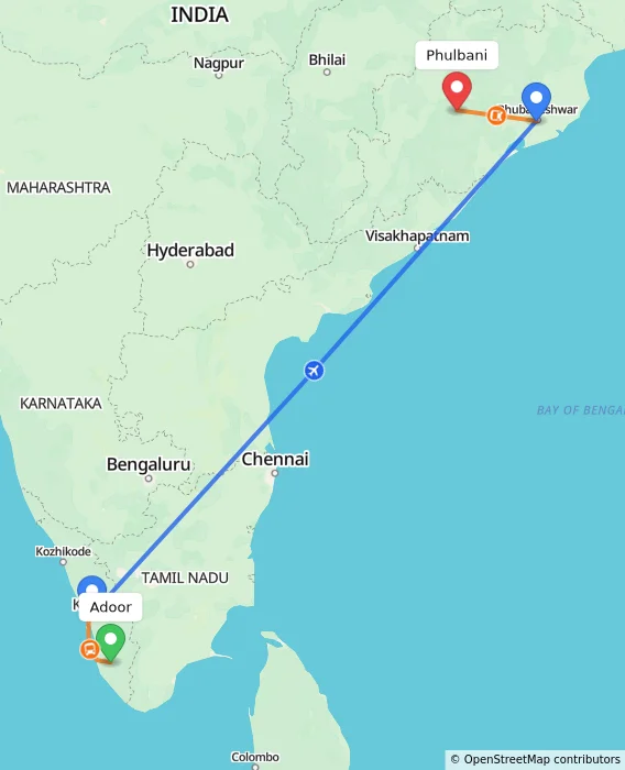 Route map showing distance and travel time from Adoor, India to Phulbani, India