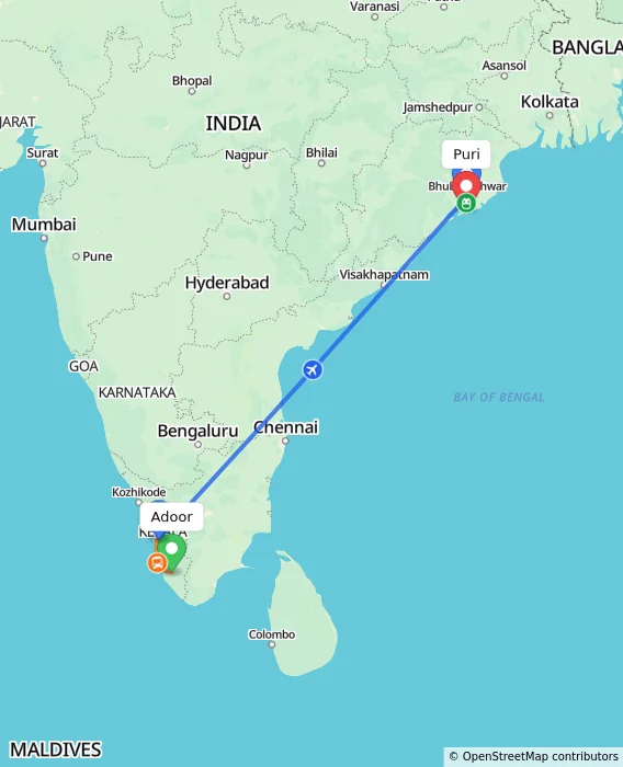 Route map showing distance and travel time from Adoor, India to Puri, India