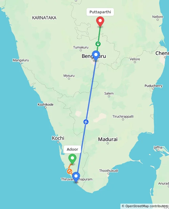 Route map showing distance and travel time from Adoor, India to Puttaparthi, India