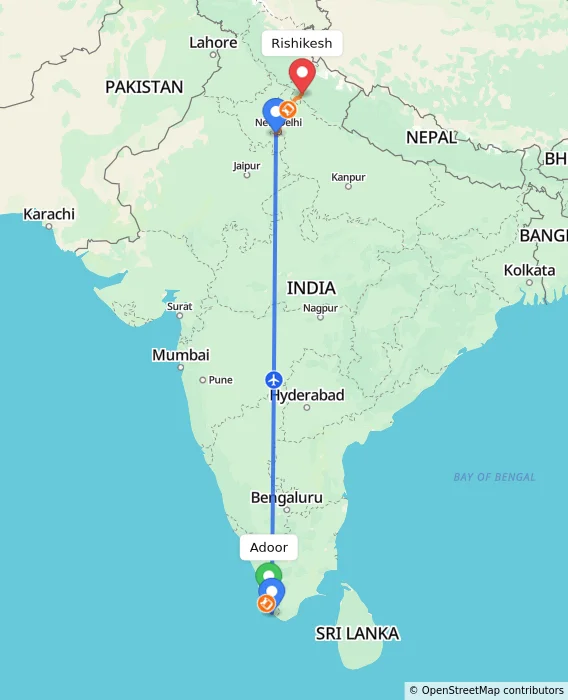 Route map showing distance and travel time from Adoor, India to Rishikesh, India