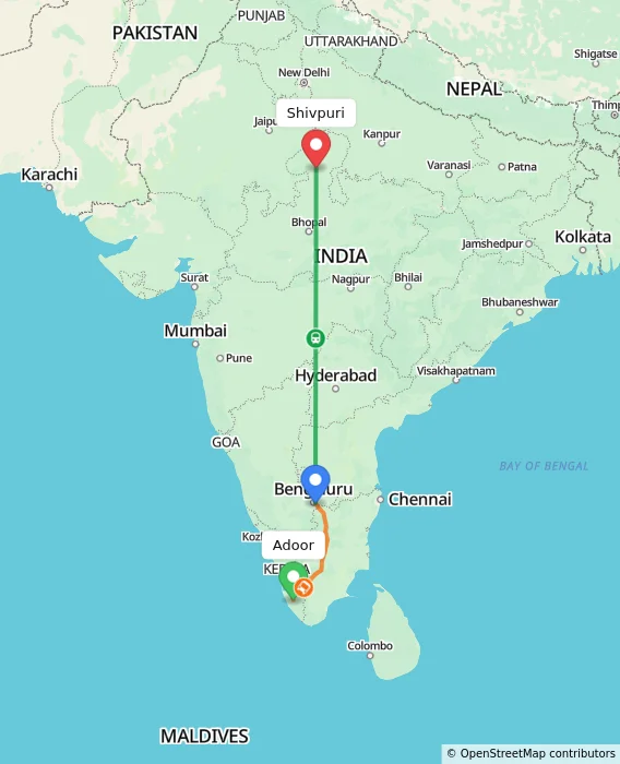 Route map showing distance and travel time from Adoor, India to Shivpuri, India