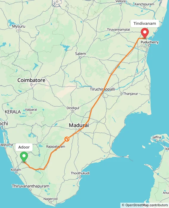 Route map showing distance and travel time from Adoor, India to Tindivanam, India
