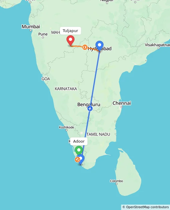 Route map showing distance and travel time from Adoor, India to Tuljapur, India