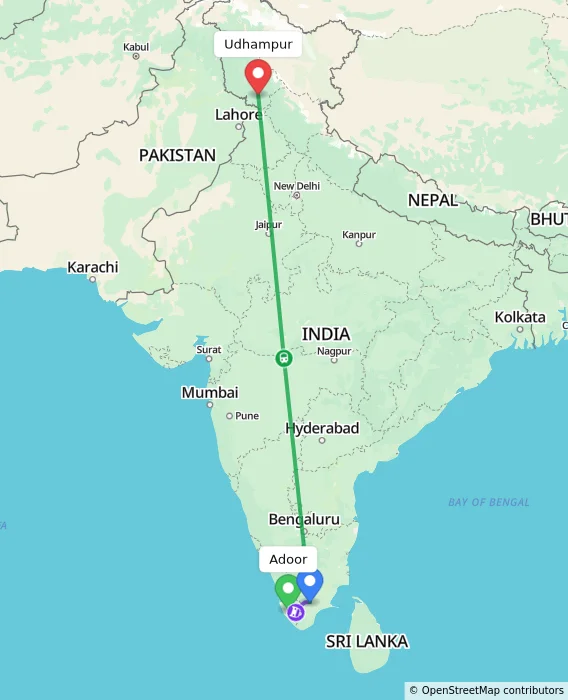 Route map showing distance and travel time from Adoor, India to Udhampur, India