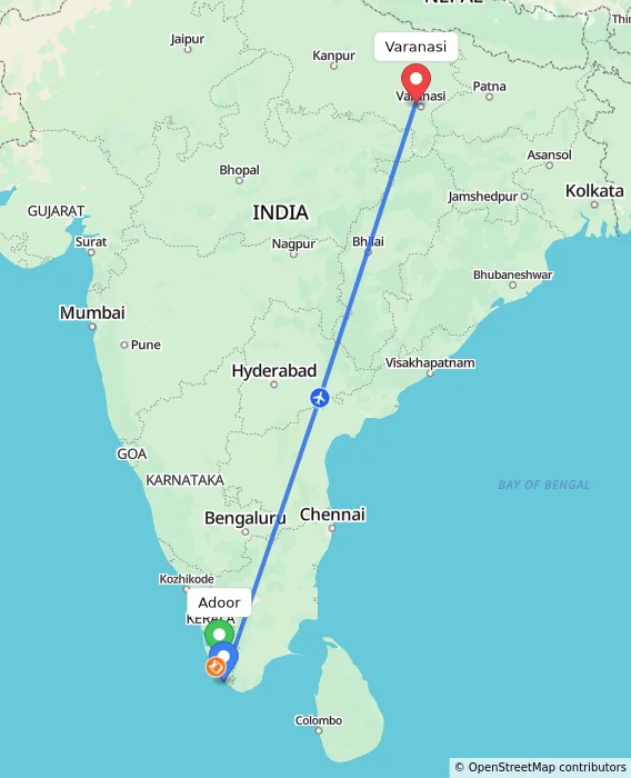 Route map showing distance and travel time from Adoor, India to Varanasi, India
