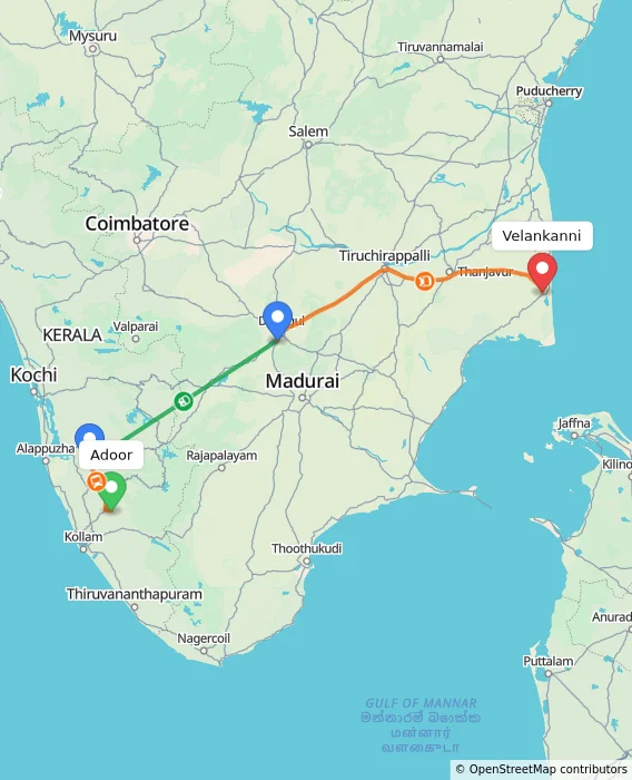 Route map showing distance and travel time from Adoor, India to Velankanni, India