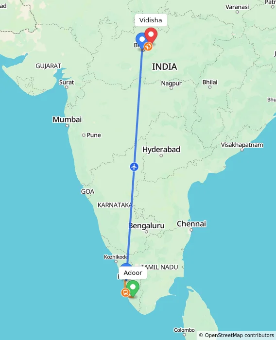 Route map showing distance and travel time from Adoor, India to Vidisha, India