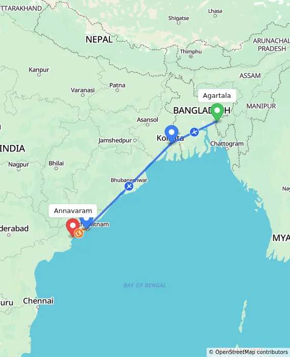 Route map showing distance and travel time from Agartala, India to Annavaram, India