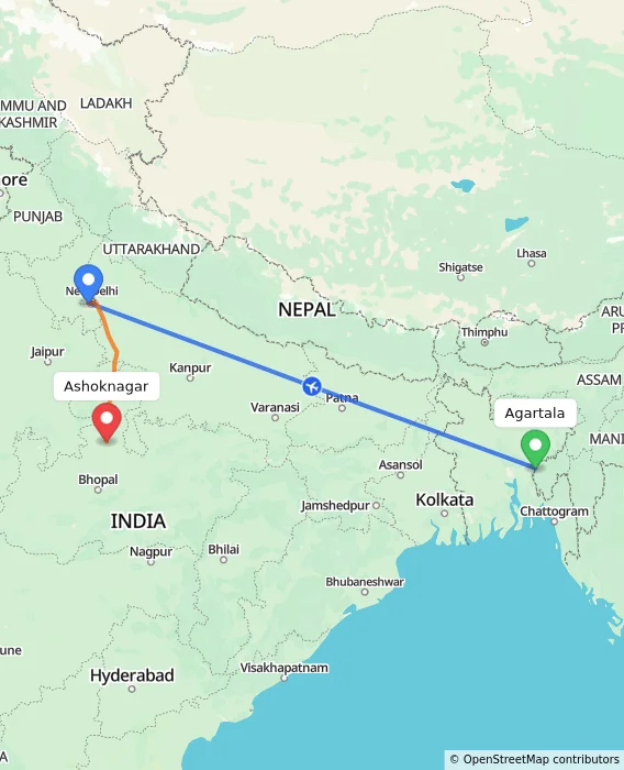 Route map showing distance and travel time from Agartala, India to Ashoknagar, India
