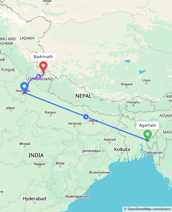 Route map showing distance and travel time from Agartala, India to Badrinath, India