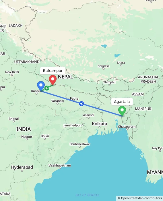 Route map showing distance and travel time from Agartala, India to Balrampur, India