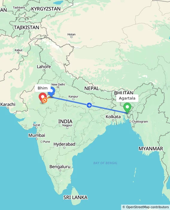 Route map showing distance and travel time from Agartala, India to Bhim, India
