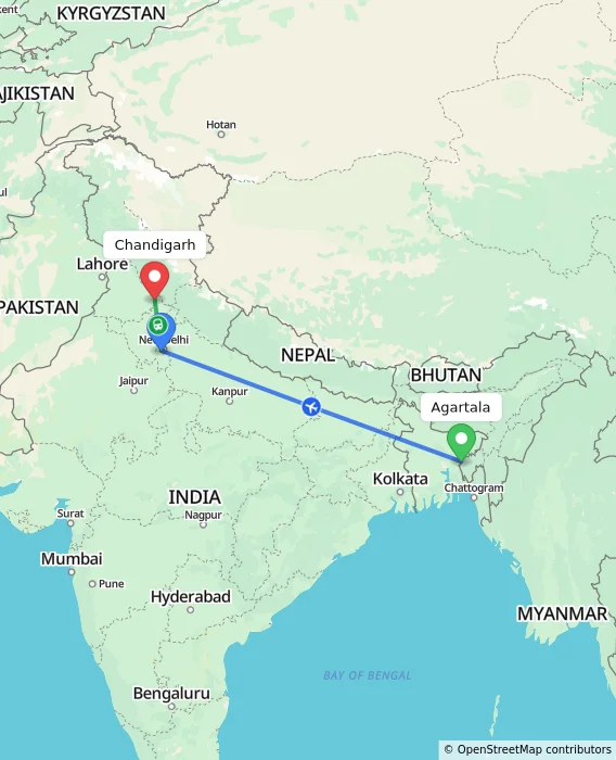 Route map showing distance and travel time from Agartala, India to Chandigarh, India