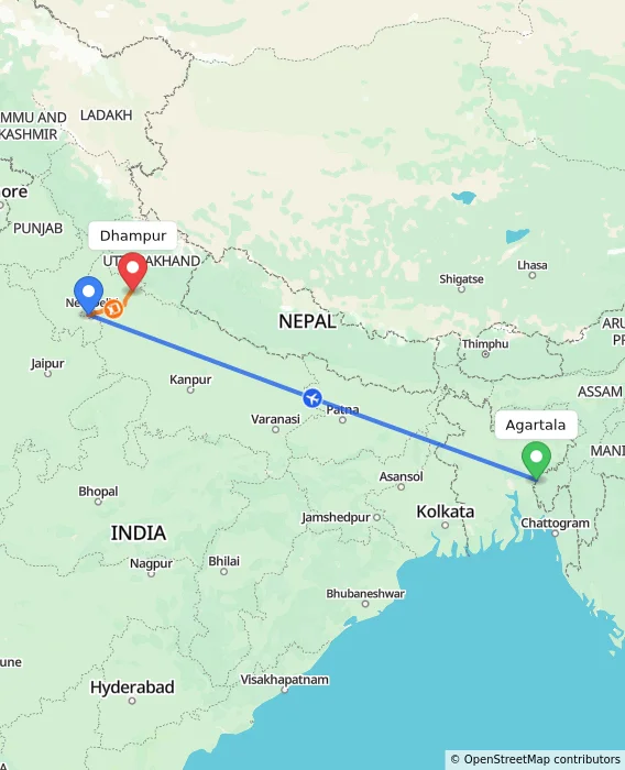 Route map showing distance and travel time from Agartala, India to Dhampur, India