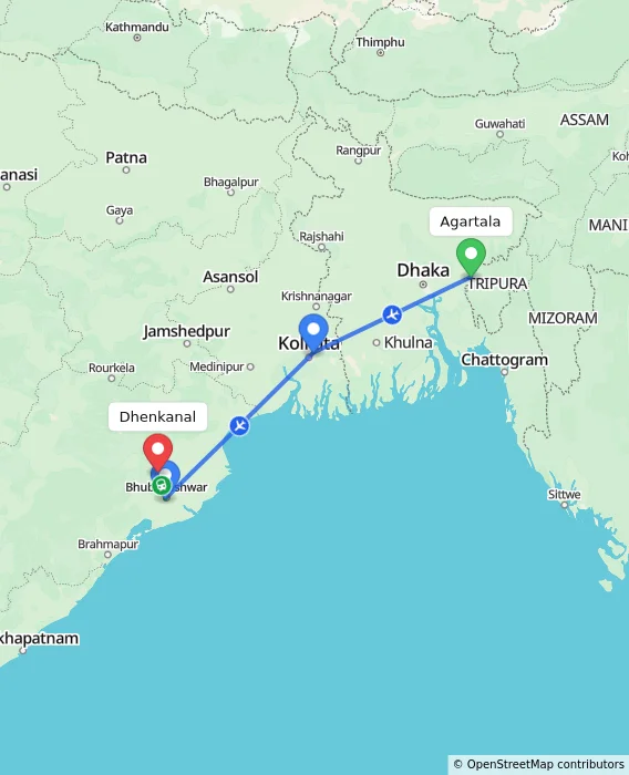 Route map showing distance and travel time from Agartala, India to Dhenkanal, India