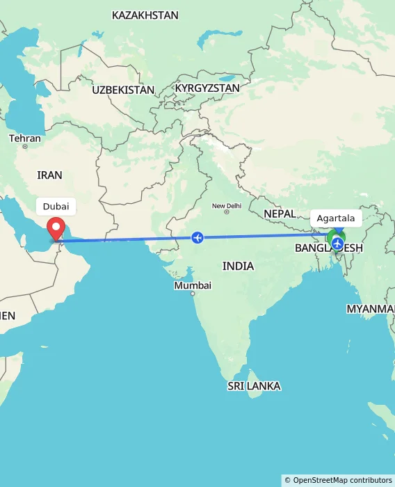 Route map showing distance and travel time from Agartala, India to Dubai, United Arab Emirates