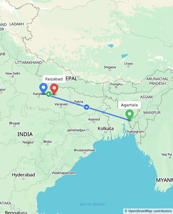 Route map showing distance and travel time from Agartala, India to Faizabad, India