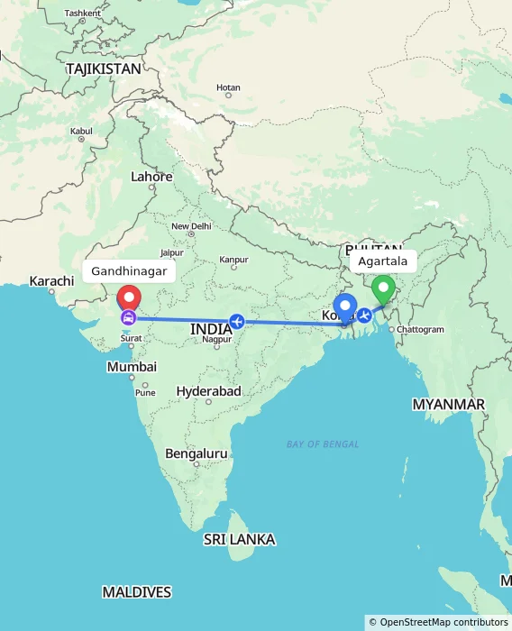 Route map showing distance and travel time from Agartala, India to Gandhinagar, India