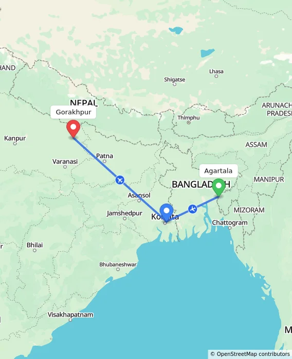 Route map showing distance and travel time from Agartala, India to Gorakhpur, India