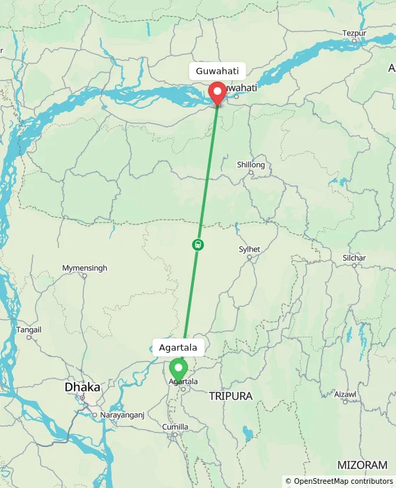 Route map showing distance and travel time from Agartala, India to Guwahati, India