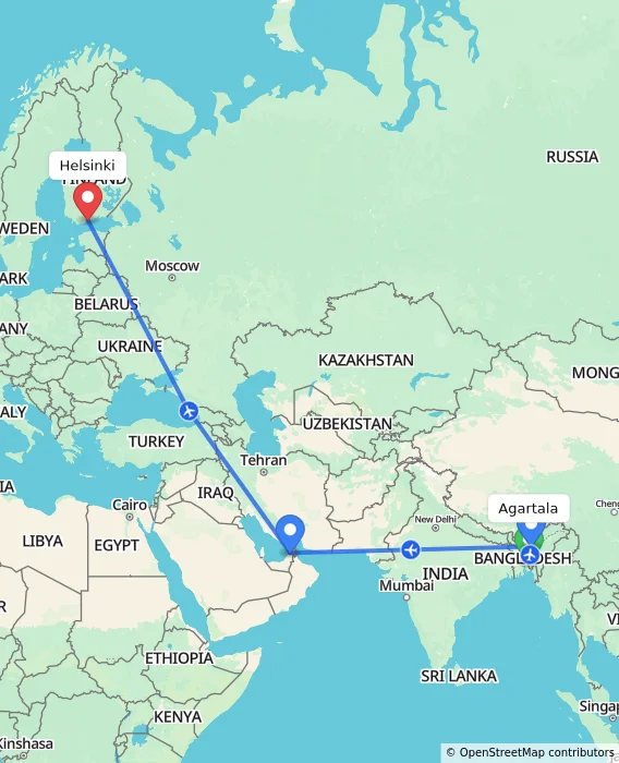 Route map showing distance and travel time from Agartala, India to Helsinki, Finland