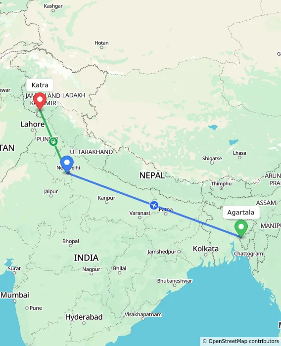 Route map showing distance and travel time from Agartala, India to Katra, India