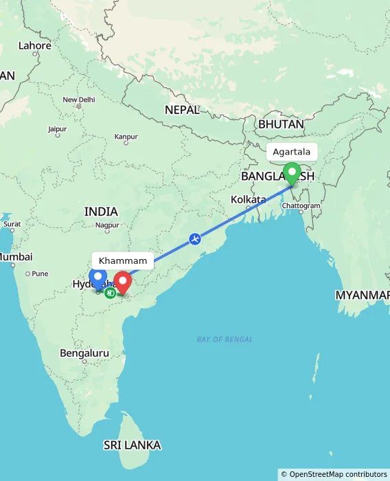 Route map showing distance and travel time from Agartala, India to Khammam, India