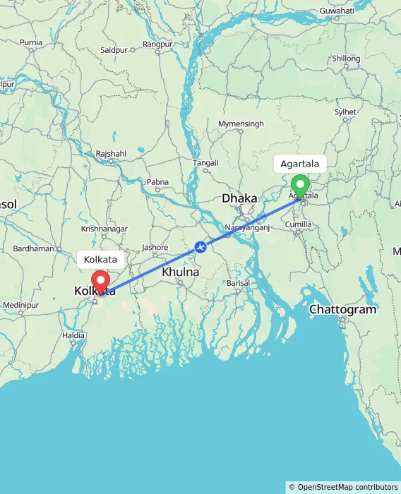 Route map showing distance and travel time from Agartala, India to Kolkata, India