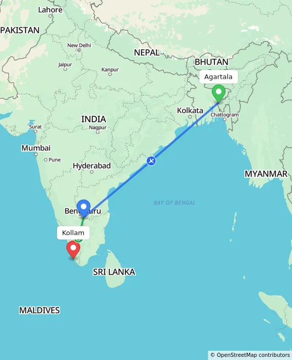 Route map showing distance and travel time from Agartala, India to Kollam, India