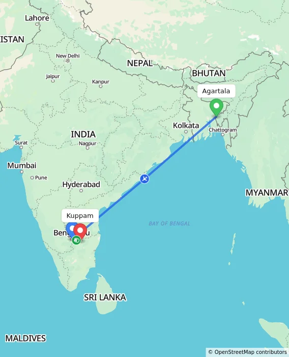 Route map showing distance and travel time from Agartala, India to Kuppam, India