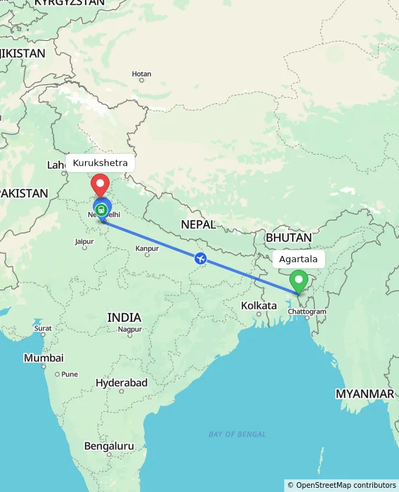 Route map showing distance and travel time from Agartala, India to Kurukshetra, India