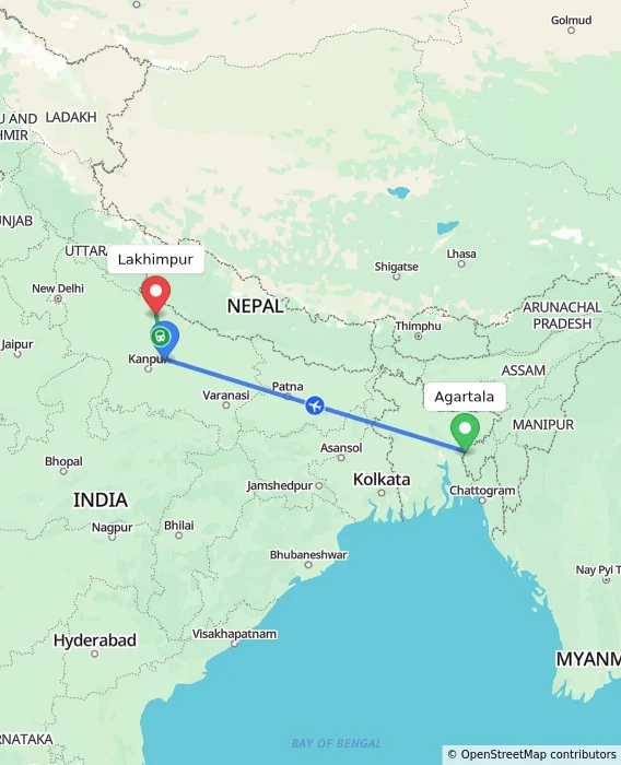 Route map showing distance and travel time from Agartala, India to Lakhimpur, India