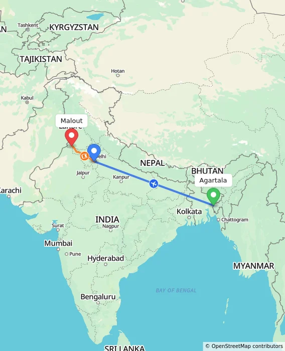 Route map showing distance and travel time from Agartala, India to Malout, India