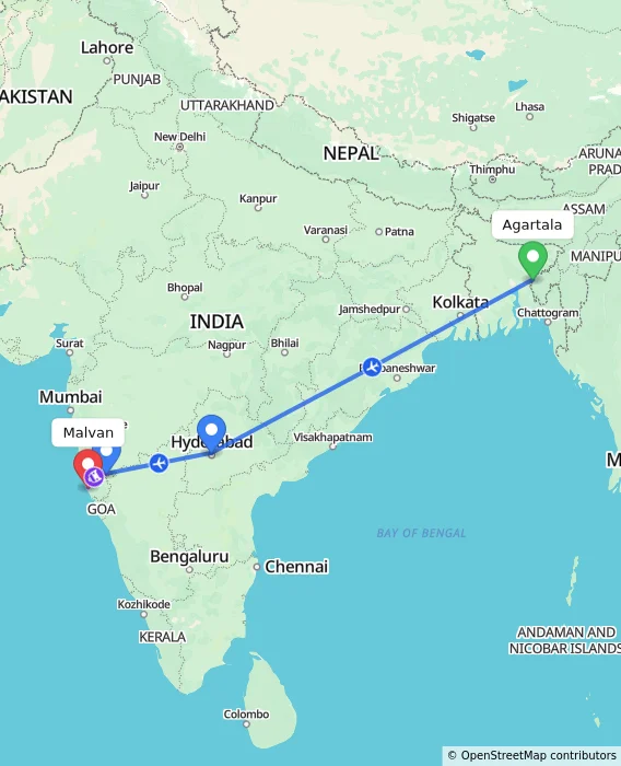 Route map showing distance and travel time from Agartala, India to Malvan, India