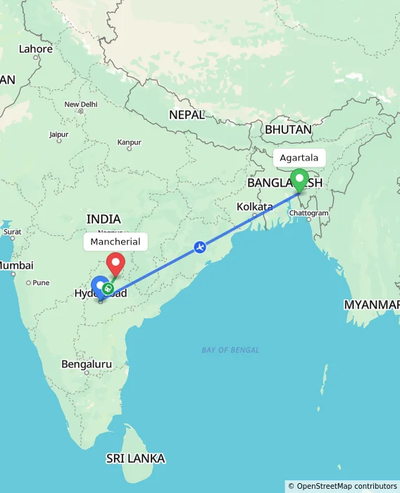 Route map showing distance and travel time from Agartala, India to Mancherial, India
