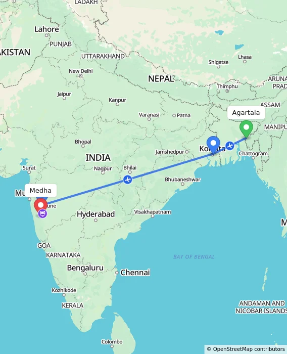 Route map showing distance and travel time from Agartala, India to Medha, India
