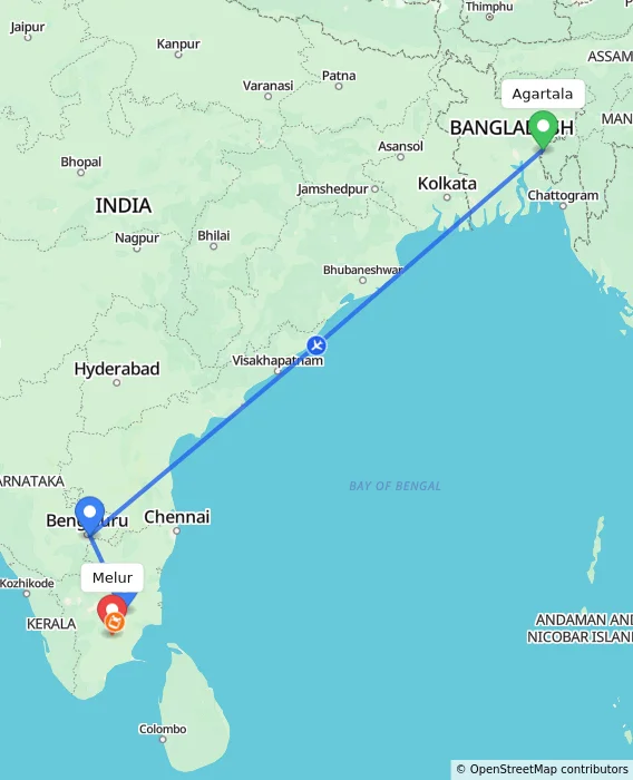Route map showing distance and travel time from Agartala, India to Melur, India